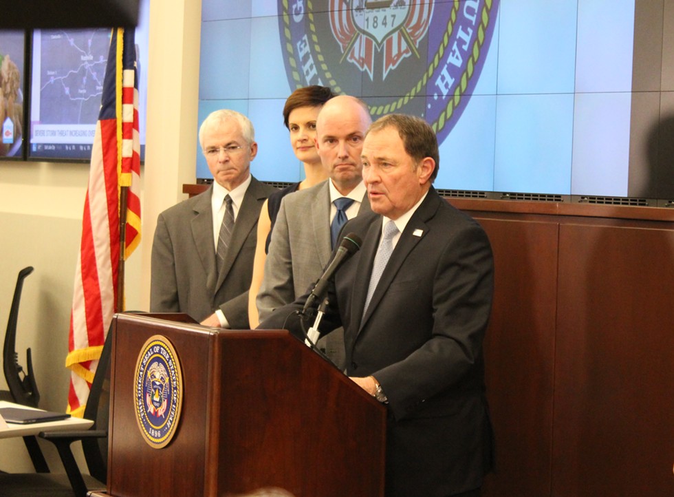 Accompanied by executive director of the Department of Health Joseph Miner, state epidemiologist Angela Dunn and Lt. Gov. Spencer J. Cox, Gov. Gary Herbert announced the creation of a statewide coronavirus task force on Monday, March 2. - ENRIQUE LIMÓN