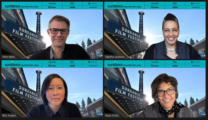 Sundance Film Festival director Tabitha Jackson (top right) and other senior Sundance staff hold a virtual press conference to open the 2022 festival on Thursday, Jan. 20. - SUNDANCE INSTITUTE