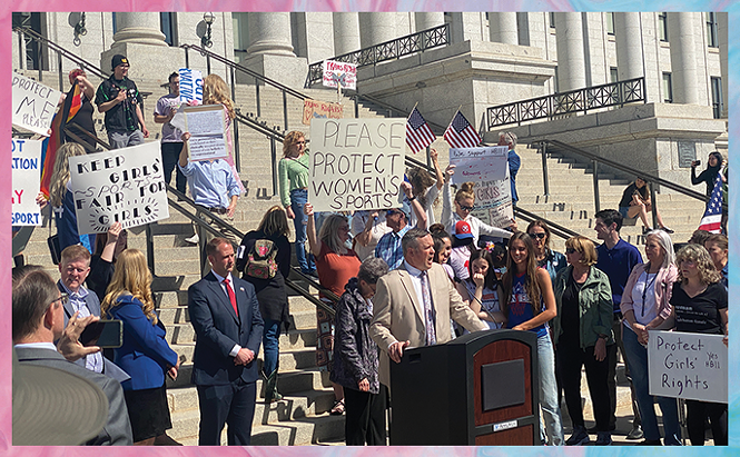 Republican lawmakers wait their turn while Rep. Mark Strong, R-Bluffdale, speaks at a rally in support of banning trans girls from school sports. - BENJAMIN WOOD