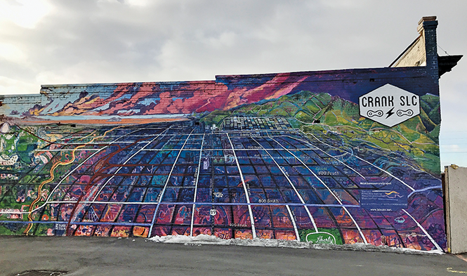 The now-closed Crank SLC building on State Street boasts Chris Peterson’s colorful map of the Salt Lake City street grid. - BRYANT HEATH