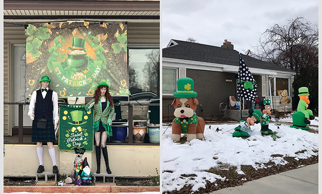 Irish eyes are smiling at the happy mannequins in Sugar House, left. Nearby, front-yard inflatables lift Irish spirits. - BRYANT HEATH