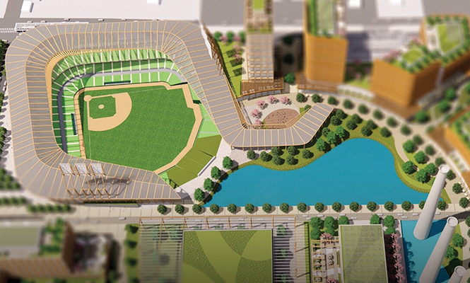 Concept renderings of a proposed Major League Baseball stadium in Poplar Grove along the Jordan River. - BIG LEAGUE UTAH