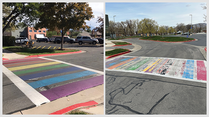 A faded rainbow crosswalk at Salt Lake Community College could use some touching up. - BRYANT HEATH
