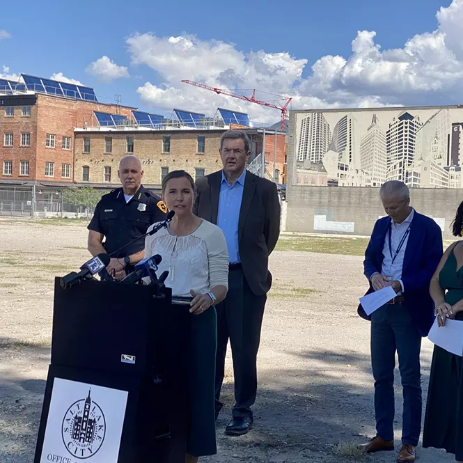 Salt Lake City Mayor Erin Mendenhall announces the launch of a sanctioned camping pilot near Salt Lake Central Station on Thursday, Sept. 14, 2023. - BENJAMIN WOOD