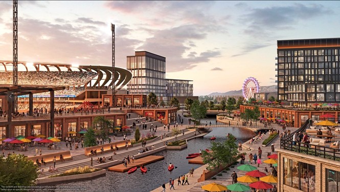 A rendering of The Power District and a new Major League Baseball stadium along the Jordan River, planned for development on Salt Lake City's west side. - LARRY H. MILLER COMPANY
