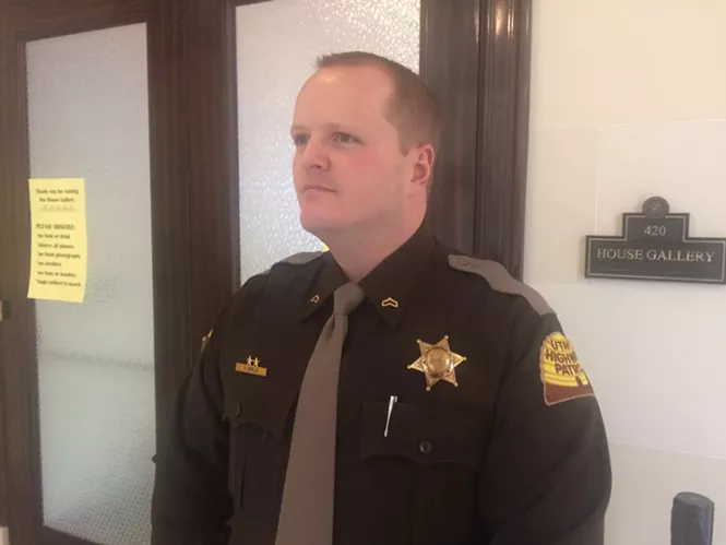 Utah Highway Patrol trooper Stephen Esplin outside the Utah House gallery on Jan. 24, 2017 - ANNIE KNOX