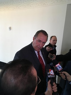 Mark Shurtleff fields questions from the press on Friday, Feb. 24. - DW HARRIS