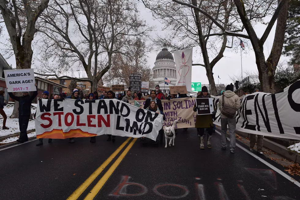 Protesters head down State Street away from the Utah State Capitol Building following President Donald Trump’s visit on Monday, Dec. 4. Trump signed two presidential proclamations shrinking the size of the Grand Staircase Escalante and Bears Ears national monuments. - RAY HOWZE