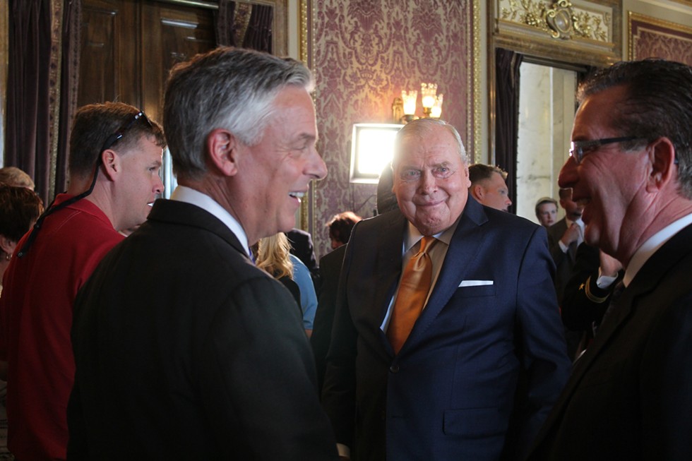 Jon Huntsman Sr. (center) at the ceremonial swearing in of his son, Jon Jr. (left), as U.S. ambassador to Russia in October of last year. - ENRIQUE LIMÓN
