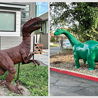 Left: Rapty the velociraptor keeps watch at 9th and 9th
Right: A Sinclair dinosaur at 1300 East and 1700 South.