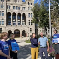 Salt Lake City Mayor Erin Mendenhall poses for photos with former Mayor Ralph Becker after receiving his endorsement for her reelection campaign on Wednesday, Sept. 20, 2023.