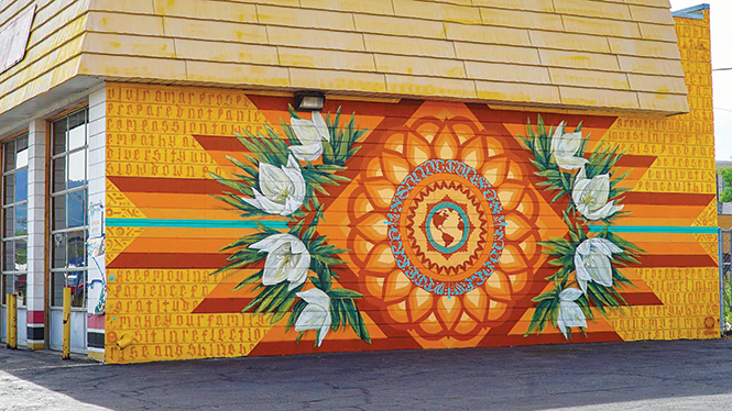 Mural stroll: “Sanacion A Madre Tierra” - by RootsArtCollective located at Mr. Muffler - 107 W. 2100 South - THEMURALFEST.COM