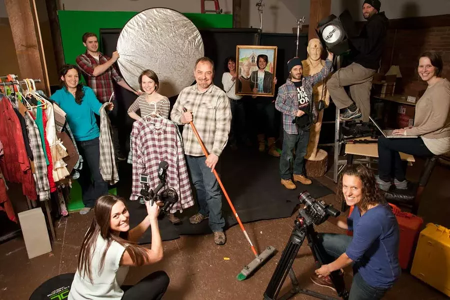 Abigail Shumway and Jake Cunavelis (center) with the crew at Mt. Mansfield Media - MATTHEW THORSEN