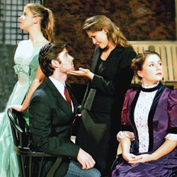 Actors Sam Durant Hunter as Torvald (center) and, from left, Elinor Reina, Julifer Day and Kari Buckley as  &#8220;Nora&#8221; for  UVM Theatre&#8217;s  reimagined production of Ibsen&#8217;s A Doll&#8217;s House.
