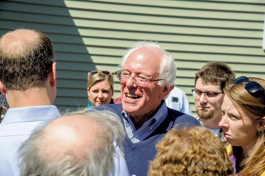 Bernie Sanders outside the home of Eric Zulaski and Elizabeth Ropp in Manchester, N.H. - ALAN MACRAE