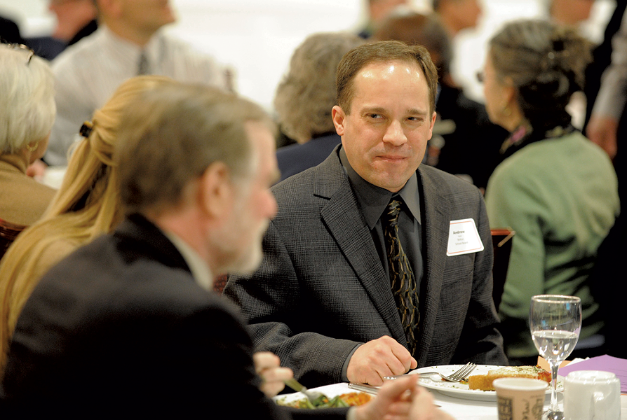 Bolton school board member Andrew Pond lunching with House Education Committee chair Dave Sharpe in Montpelier. - JEB WALLACE-BRODEUR