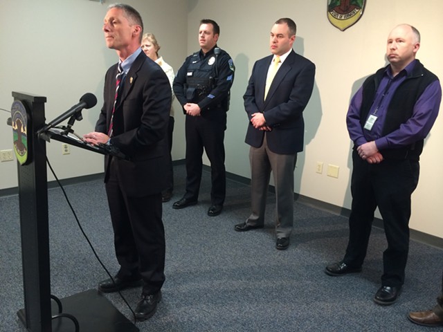 Burlington Police Chief Michael Schirling, with top commanders in the background, at a press conference to discuss a weekend homicide - MARK DAVIS