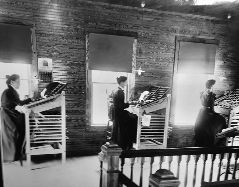 Compositors setting type by hand - in the Herald of Randolph offices of 1899 - COURTESY OF THE HERALD OF RANDOLPH