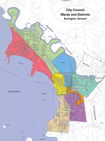 Councilors agreed on the new boundaries last year after a protracted discussion. Dotted lines show the four districts, which are made up of two wards each. The colored regions represent the eight wards.