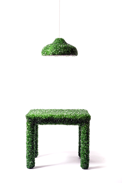 Glass-encrusted chair and light fisture by Mark Riegelman II