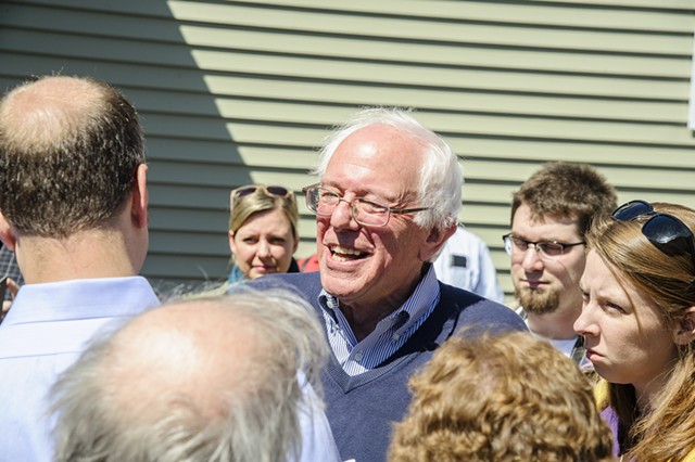 Sen. Bernie Sanders speaking to attendees at a campaign house party in Manchester, N.H. - ALAN MACRAE