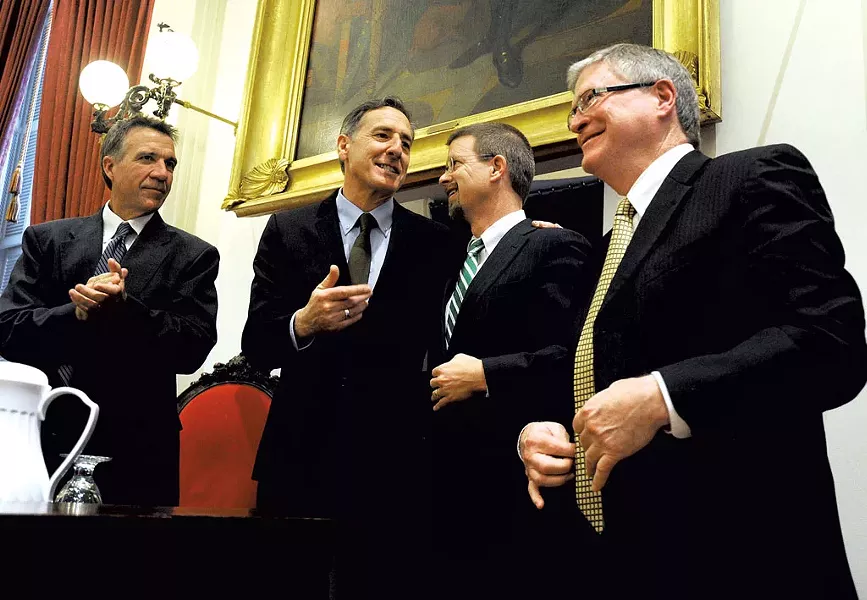 Left to right: Lt. Gov. Phil Scott, Gov. Peter Shumlin, House Speaker Shap Smith and Senate President Pro Tem John Campbell - FILE: JEB WALLACE-BRODEUR