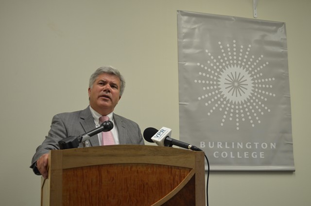 Michael Smith addresses students, staff and reporters at a press conference at Burlington College last week. - ALICIA FREESE