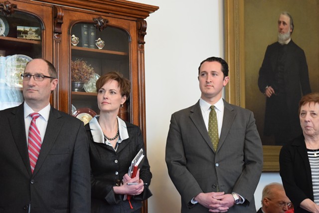 Secretary of Administration Justin Johnson, Shumlin chief of staff Liz Miller and Department of Public Service deputy commissioner Darren Springer at a press conference Thursday at the Statehouse - TERRI HALLENBECK