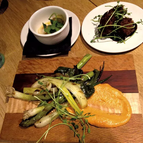 Scallop ceviche, grilled vegetables and cheddar fritters at Juniper - COURTESY OF ANDREA SUOZZO