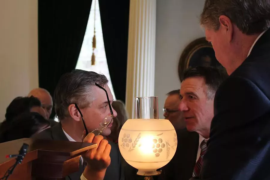 Senate Secretary John Bloomer, Lt. Gov. Phil Scott and Senate President John Campbell in the Senate chamber. - PAUL HEINTZ