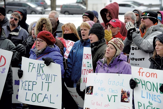 Striking FairPoint Communications workers rally in Montpelier last month. - JEB WALLACE-BRODEUR
