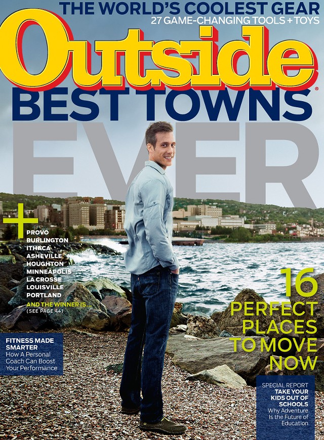 The September 2014 cover of 'Outside' Magazine teases its "Best Towns Ever" contest. Burlington and Montpelier both made the list. - COURTESY OF OUTSIDE MAGAZINE