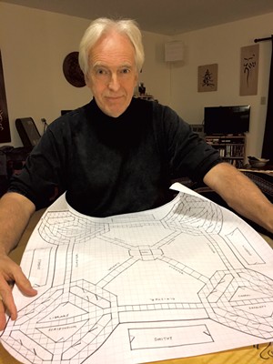 Tim Brookes with drawing for board game Glagolitic Abbey - PAMELA POLSTON