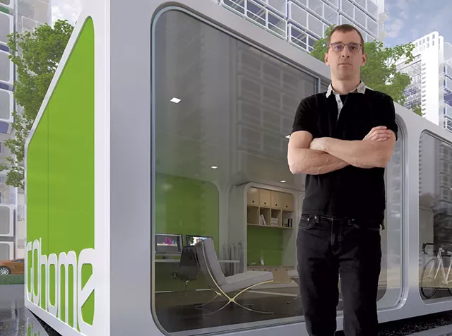 Lincoln Brown pictured with a rendering of GOhome, his semi-futuristic envisioning of a mobile home - IMAGES COURTESY OF LINCOLN BROWN