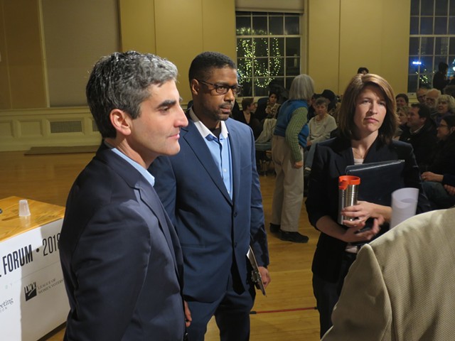 Mayor Miro Weinberger, Infinite Culcleasure and Carina Driscoll at the Seven Days mayoral forum in February - FILE: MATTHEW THORSEN