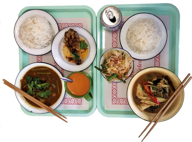 Fried chicken, papaya salad, jungle curry, cha Thai, and hunglay curry at Pumpui Grocer and Curry Shop - MOLLY ZAPP