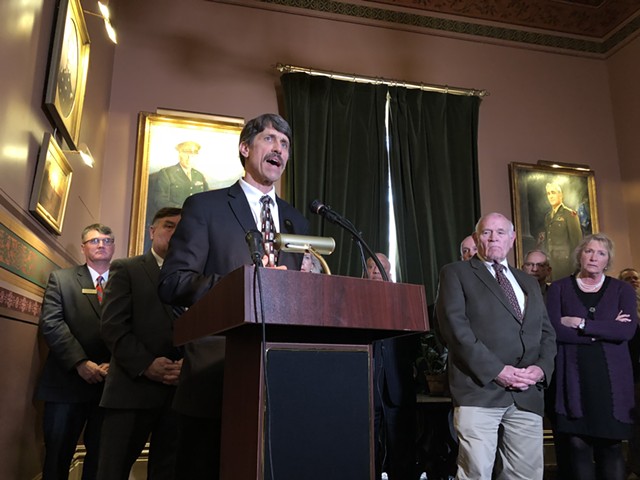 Sen. John Rodgers (D-Essex/Orleans) speaking at a Statehouse press conference Tuesday - ALICIA FREESE