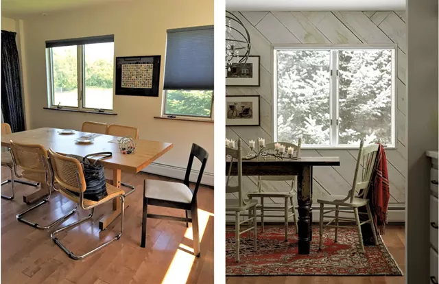 The before (left) and after (right) of a townhouse rental in Stowe designed by Joanne Palmisano - COURTESY OF JOANNE PALMISANO