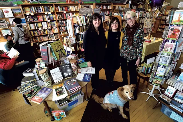 From left: Andrea Jones, Sandy Scott and Linda Ramsdell with canine staffer Boo at Galaxy Bookshop - JEB WALLACE-BRODEUR