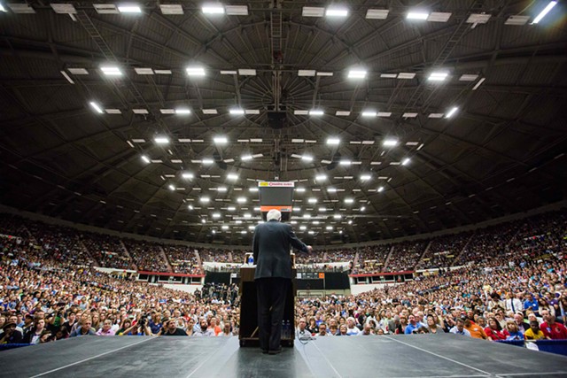 Sen. Bernie Sanders speaks Wednesday night at the Veterans Memorial Coliseum in Madison, Wis. - ERIC TADSEN