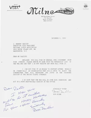 Don Milne wrote the NRA on December 6, 1990, to cancel his membership over its support for Bernie Sanders — and then sent a copy of the letter to Peter Smith - VERMONT HISTORICAL SOCIETY