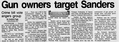 An August 26, 1994, account of the backlash Sanders faced after supporting an assault weapons ban - BURLINGTON FREE PRESS