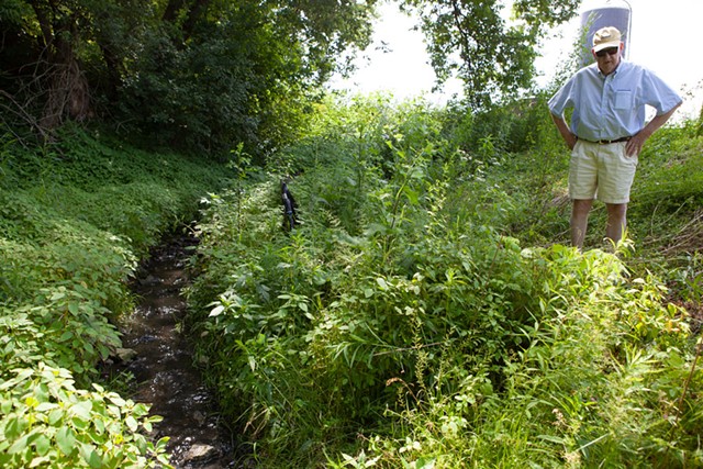 A brook that crosses Belter’s 300-acre farm has increased significantly in volume in recent years, which he attributes to a stormwater containment project on the base. The brook, which runs into the Winooski River, is also contaminated, he said. - KEVIN MCCALLUM