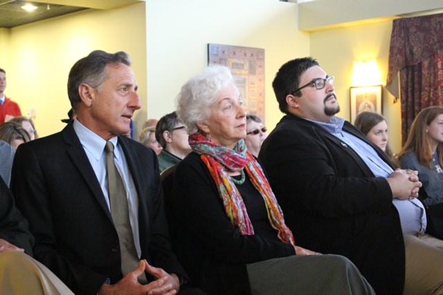 Former governors Peter Shumlin and Madeleine Kunin with Brandon Batham at a June 2015 event for presidential candidate Hillary Clinton in Burlington - PAUL HEINTZ