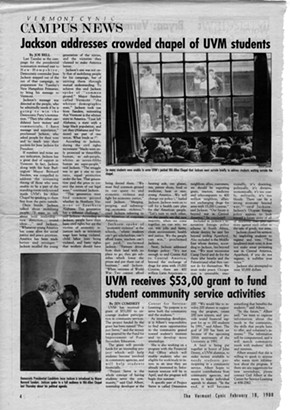 A Vermont Cynic story on Rev. Jesse Jackson's February 1988 visit to Vermont - BERNARD SANDERS PAPERS, SPECIAL COLLECTIONS, UNIVERSITY OF VERMONT LIBRARY