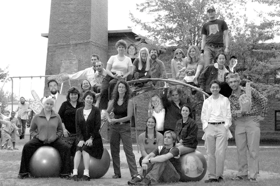 FROM LEFT, EARTHBOUND: Diane Sullivan, Colby Roberts, Ellen Biddle,Pamela Polston, Paula Routly, Sarah Potter, Lindzey Draper, Don Eggert, Allison Davis, Jess Campisi, Chris Michel, Matthew Thorsen. - FROM LEFT, ABOVE: Cathy Resmer, Ken Picard, Stefan Bumbeck, Ruth Horowitz, Michelle Brown, Sarah Tuff, Rick Woods, Michael Bradshaw, Gabrielle Salerno, Ethan Covey, Karen Shimizu, Andy Duback. - BEHIND, ON SWING: Marc Awodey on Ethan’s t-shirt: Peter Freyne. - ON BALL: Kristi Batchelder. - NOT PICTURED: Susan Green, Rick Kisonak, Peter Kurth, Lola, Joanna May, Jernigan Pontiac, Jordan Silverman. - PHOTO: Matthew Thorsen. - MATTHEW THORSEN
