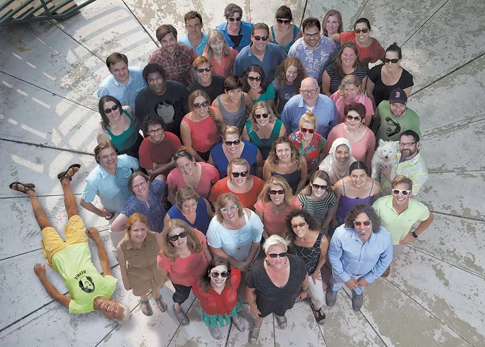 CLOCKWISE FROM BOTTOM LEFT: Matthew Thorsen (lying down), Megan James (on shirt), Michael Bradshaw, Margot Harrison, Aaron Shrewsbury, Jeff Baron, Mark Davis, Nicole DeSmet, Hannah Palmer Egan, Brooke Bousquet, Eva Sollberger, Kirsten Cheney, Matt Weiner, Paul Heintz (on shirt), John James, Rufus, Don Eggert, Colby Roberts, Paula Routly, Diane Sullivan, Alice Levitt, Terri Hallenbeck, Andrea Suozzo, Cathy Resmer, Neel Tandan, Bobby Hackney Jr., Meredith Coeyman (on shirt), Dan Bolles, Nancy Remsen, Ken Picard, Ethan de Seife, Lisa Matanle, Molly Walsh, Pamela Polston, Kymelya Sari, Marisa Keller, Carolyn Fox, Michelle Brown, Robyn Birgisson, Alison Novak, Kaitlin Montgomery, Logan Pintka, Alicia Freese, Kristen Hutter, Cheryl Brownell, Matthew Roy, Kristen Ravin, Nicole Christopher, Ashley Cleare, Julia Atherton, Corey Grenier. - ABSENT: Jernigan Pontiac, Brett Stanciu, Diana Todisco. - PHOTO: Matthew Thorsen. - MATTHEW THORSEN