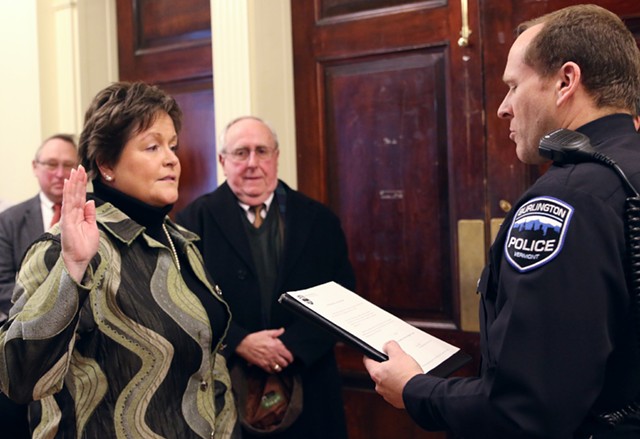 Jennifer Morrison being sworn in as interim Burlington police chief - COURTNEY LAMDIN