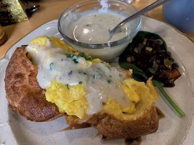 Popover stuffed with egg and cheese with a side of bacon gravy at the Swingin' Pinwheel - MELISSA PASANEN