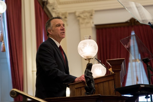Gov. Phil Scott delivering his 2020 budget address on Tuesday at the Vermont Statehouse - COLIN FLANDERS